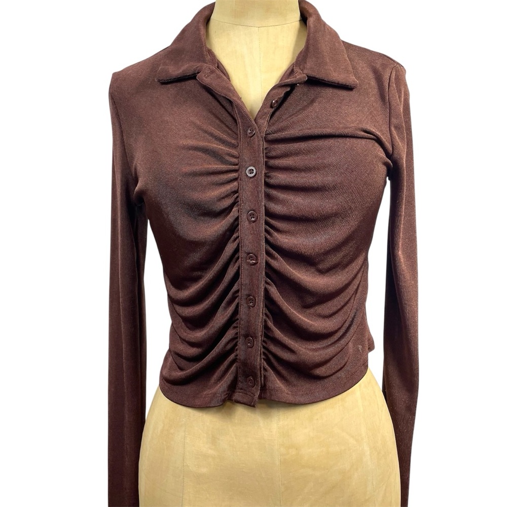 Garage Retro Revival Top Spandex Ruched Small Brown Collar Y2K 00 Neutral Blouse